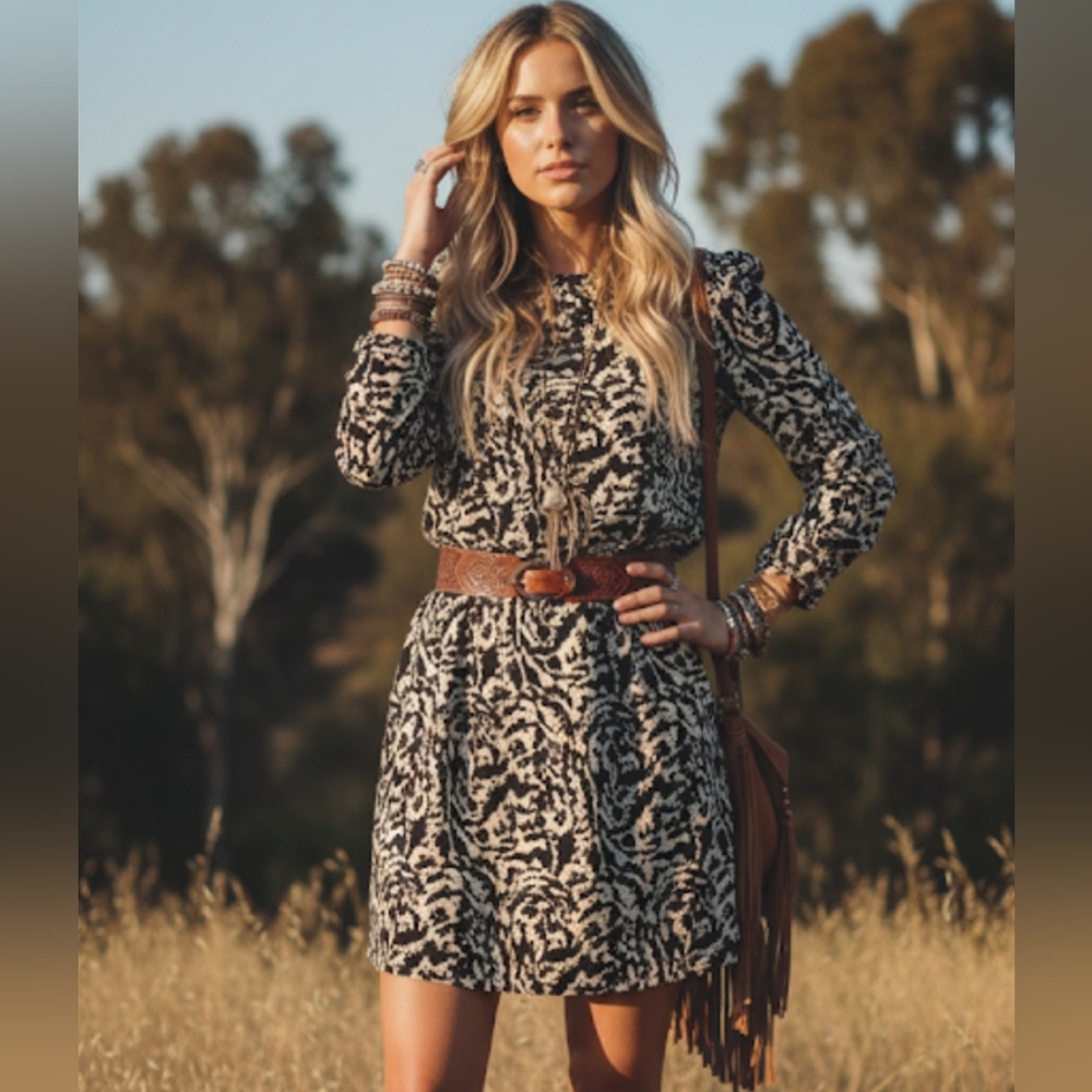 H&M Black‎ and beige patterned above the knee Dress sz XS nwt new 326